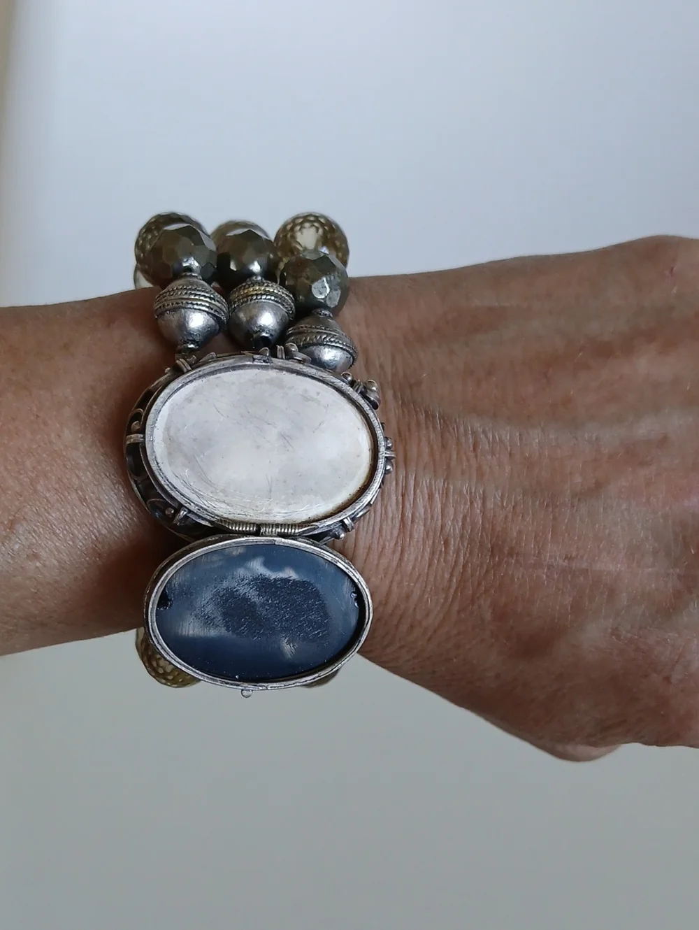 Black onyx  Stone Silver Beaded Stretch Bracelet